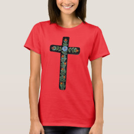 Schwarzes Kreuz mit Blumen T-Shirt