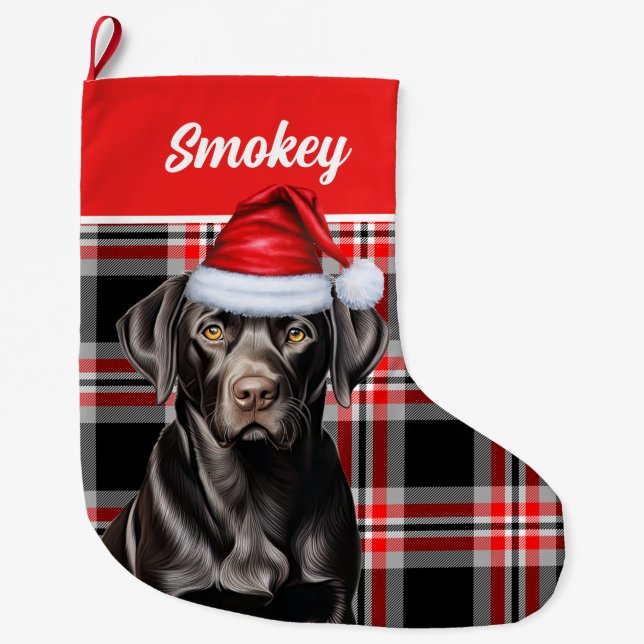 Schwarzes Labor Kariert mit Hundes Name Weihnachts Großer Weihnachtsstrumpf (Vorderseite)