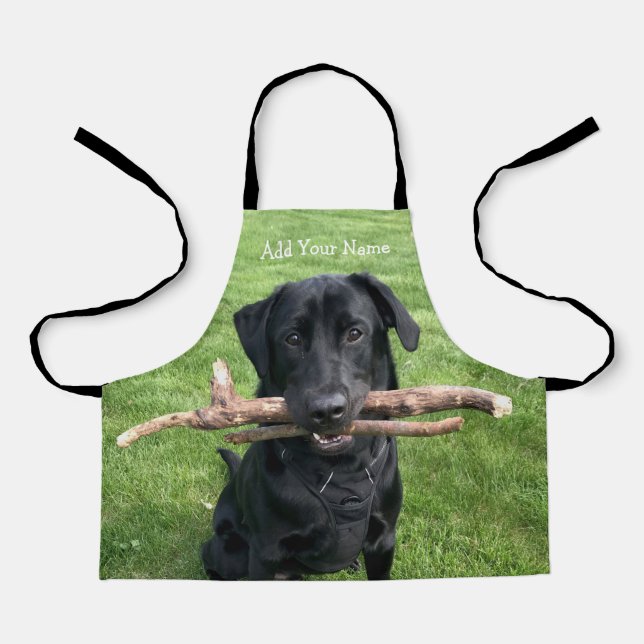 Schwarzes Labor mit zwei Sticks Dog Foto Schürze (Vorderseite)