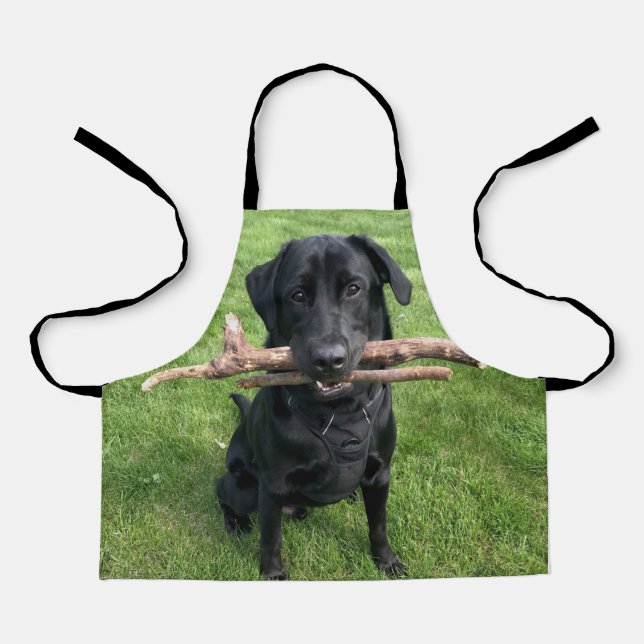 Schwarzes Labor mit zwei Sticks Hund-Foto Schürze (Vorderseite)