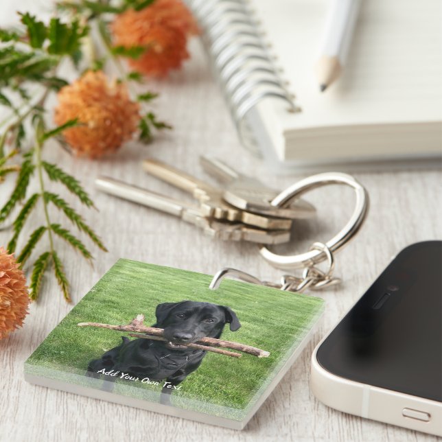 Schwarzes Labor mit zwei Sticks Hund Foto und Name Schlüsselanhänger (Vorderseite rechts)