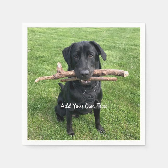Schwarzes Labor mit zwei Sticks Hund Foto und Name Serviette (Vorderseite)