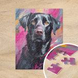 Schwarzes Labor Portrait Moderne Kunst<br><div class="desc">Ein lebendiges, modernes Kunstportrait eines schwarzen Labrador Retriever mit kühnen, abstrakten Pinselstrichen in den Farbtönen Schwarz, Rosa und Gelb. Die ausdrucksstarken Striche erfassen die spielerische Persönlichkeit des Hundes, während die unerwartete Farbpalette dem traditionellen Portrait des Hauses eine skurrile, künstlerische Drehung verleiht. Dieses dynamische Stück verbindet Energie und Wärme und ist...</div>