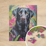 Schwarzes Labor Portrait Moderne Kunst<br><div class="desc">Ein beeindruckendes, modernes Kunstportrait eines Set aus schwarzem Labor vor einem abstrakten, rosa und grünen Garten. Die dunkle Silhouette des Hundes kontrastiert wunderbar mit den lebhaften, wirbelnden Gartenfarben, die Natur und Tier in einem ausdrucksvollen, zeitgenössischen Stil vereinen. Die abstrakten Pinselstriche schaffen ein Gefühl von Bewegung und Energie und machen dieses...</div>