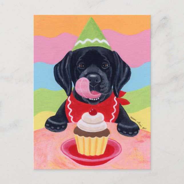 Schwarzes Labor Welpe Geburtstag Cupcake Malerei Postkarte (Vorderseite)