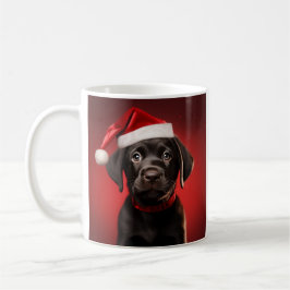 Schwarzes Labor Welpe in Weihnachtsmannmütze Kaffeetasse
