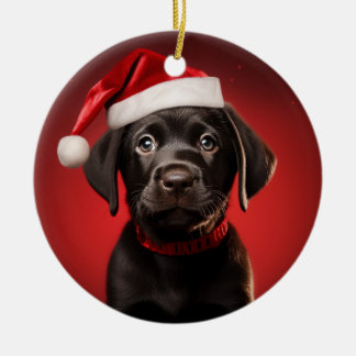 Schwarzes Labor Welpe in Weihnachtsmannmütze Keramik Ornament