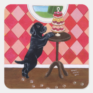 Schwarzes Labor Welpe mit Cupcakes-Malerei Quadratischer Aufkleber