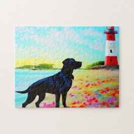 Schwarzes Labrador am Strand stehend