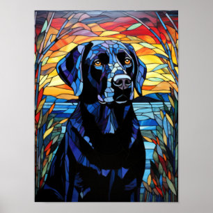 Schwarzes Labrador-Buntglas-Sonnenuntergangs-See-P Poster