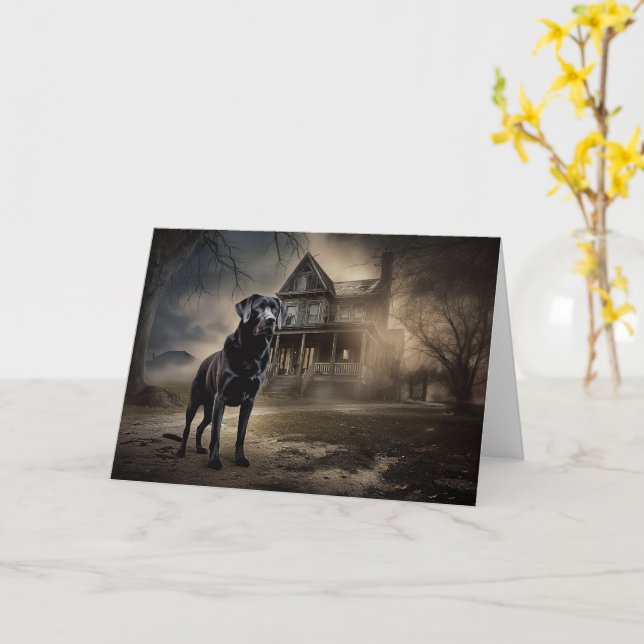 Schwarzes Labrador Halloween Beängstigend Karte (Gelbe Blume)