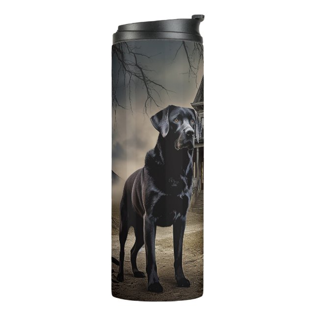 Schwarzes Labrador Halloween Beängstigend Thermosbecher (Nach links gedreht)