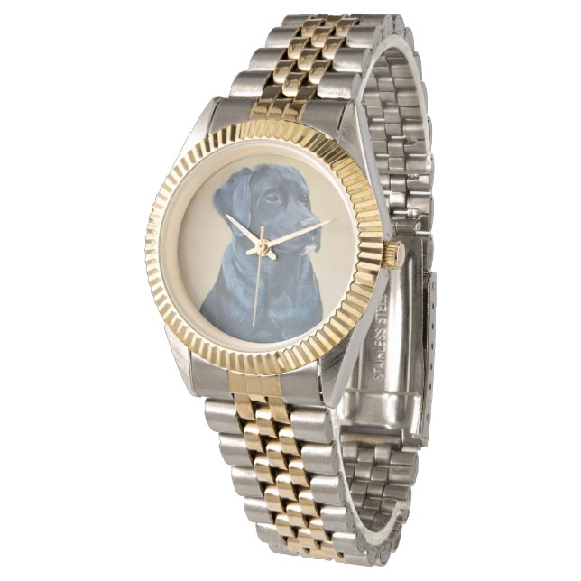 Schwarzes Labrador Hundportrait Originalkunstwerk Armbanduhr (Schrägansicht)