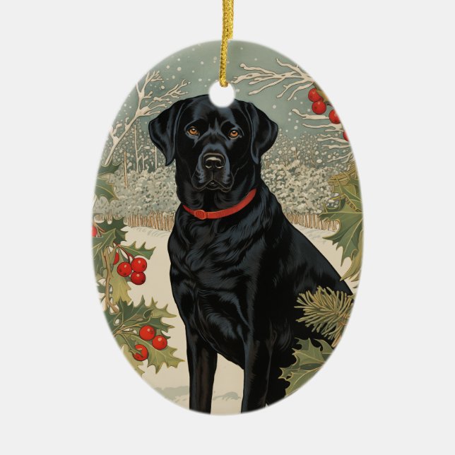 Schwarzes Labrador im Winter Keramik Ornament (Vorne)