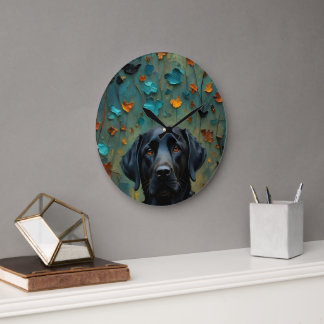 Schwarzes Labrador in Blätter Große Wanduhr