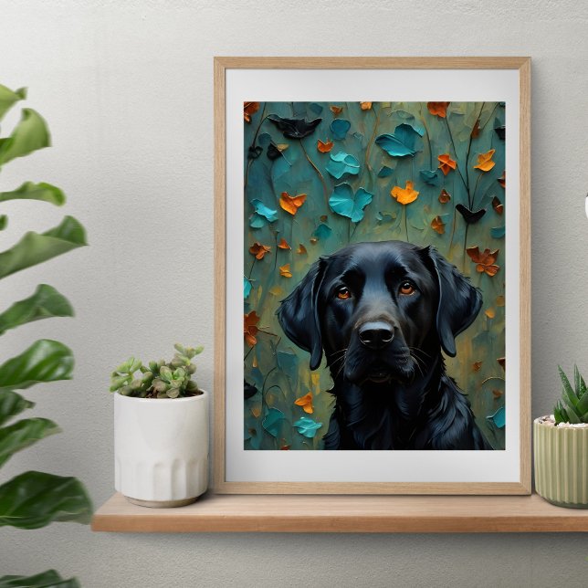 Schwarzes Labrador in Blätter Poster (Black Labrador in Leaves Poster print artwork from Ricaso. Stunning black lab retriever print)