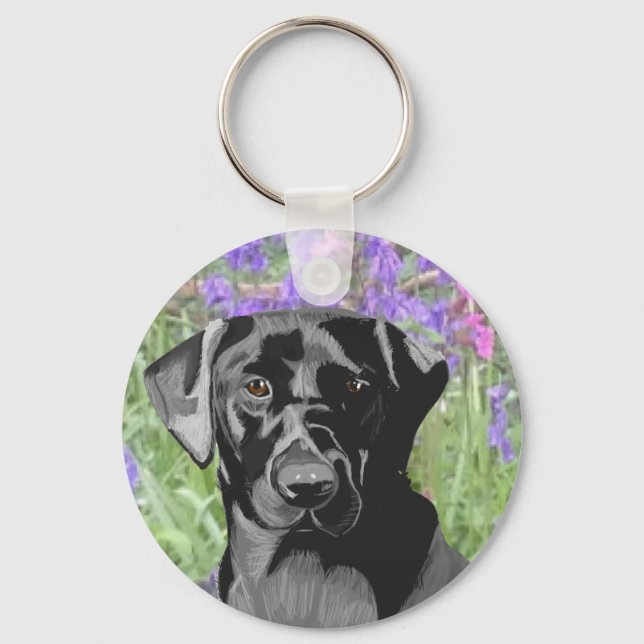 Schwarzes Labrador in Bluebell Wood Schlüsselanhänger (Vorderseite)