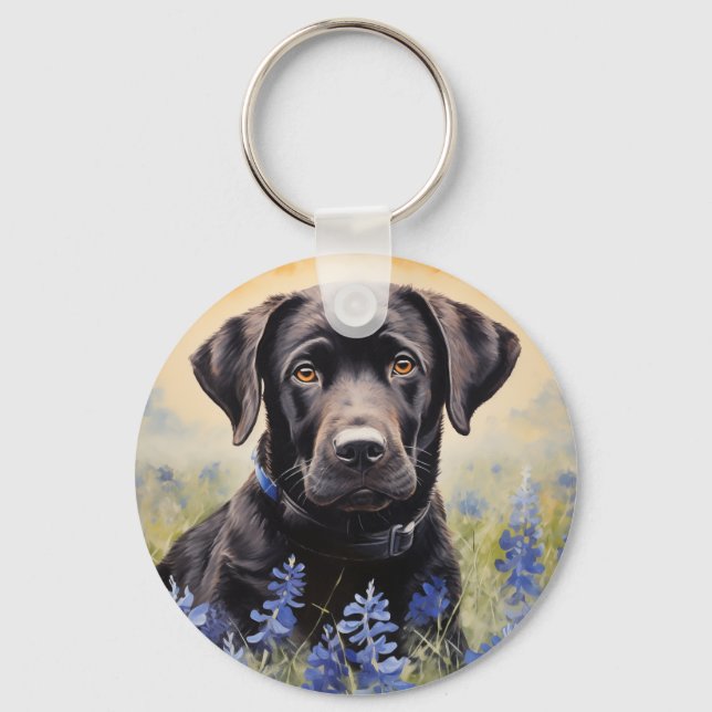 Schwarzes Labrador in Bluebonnets Schlüsselanhänger (Vorderseite)