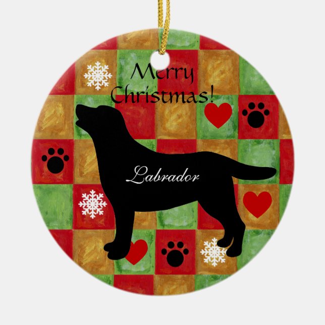Schwarzes Labrador-Kontur-Mosaik und Herzen Keramikornament (Vorne)