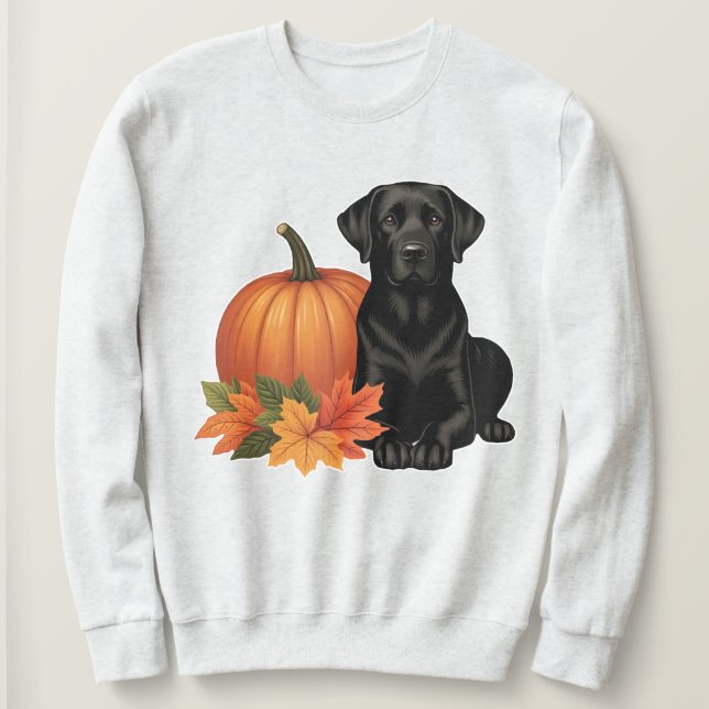 Schwarzes Labrador mit Herbstblättern und Pumpkin Sweatshirt (Design vorne)