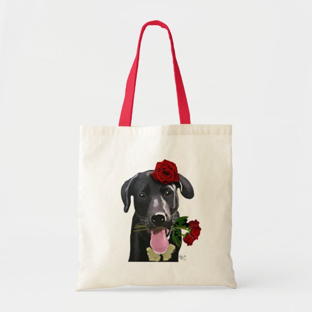 Schwarzes Labrador mit Rose 2 Tragetasche (Vorne)