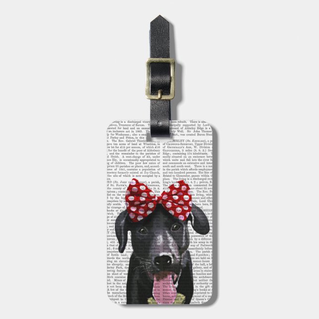 Schwarzes Labrador mit rotem Bogen auf Kopf Gepäckanhänger (Vorderseite vertikal)