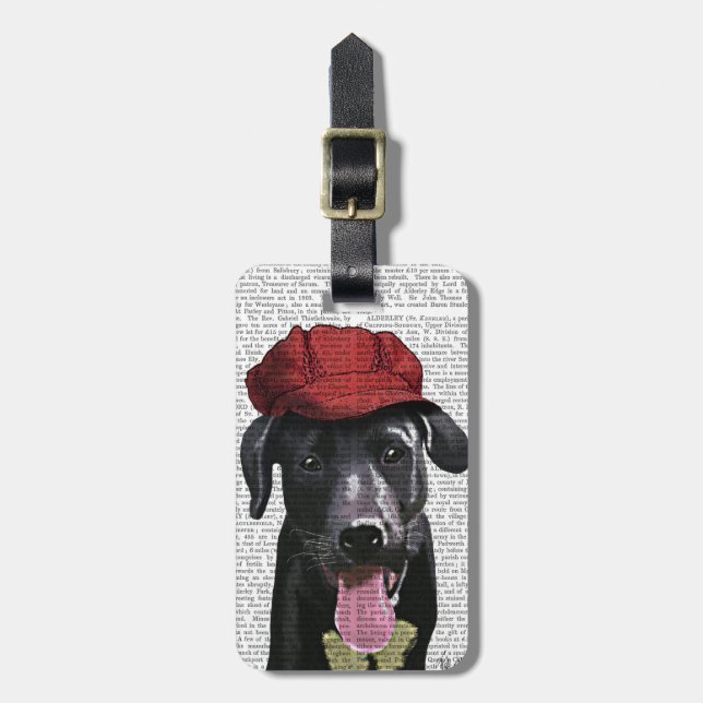 Schwarzes Labrador mit roter Spitze Gepäckanhänger (Vorderseite vertikal)