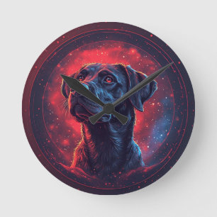 Schwarzes Labrador-Portrait im kosmischen Raum Runde Wanduhr