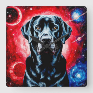 Schwarzes Labrador-Porträt in einem kosmischen Rau Quadratische Wanduhr