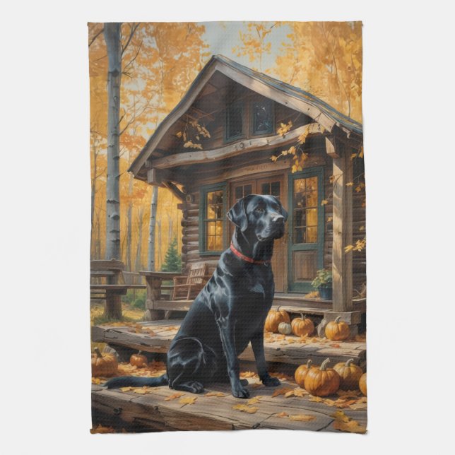 Schwarzes Labrador Retriever Log Kabine Herbst Geschirrtuch (Vertikal)