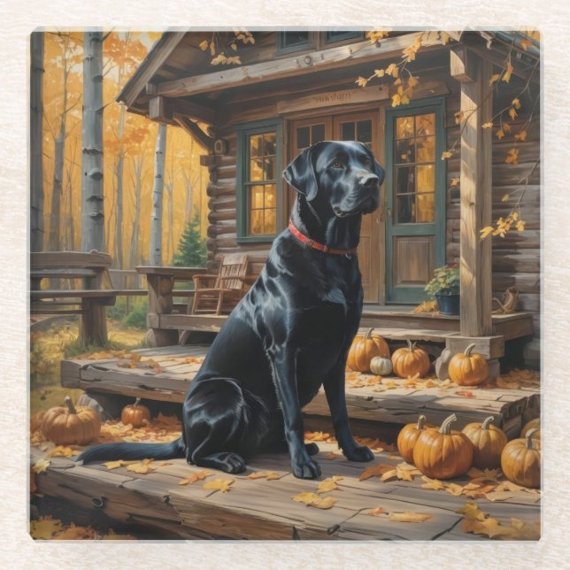 Schwarzes Labrador Retriever Log Kabine Herbst Glasuntersetzer (Vorderseite)