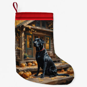 Schwarzes Labrador Retriever Log Kabine Herbst Kleiner Weihnachtsstrumpf