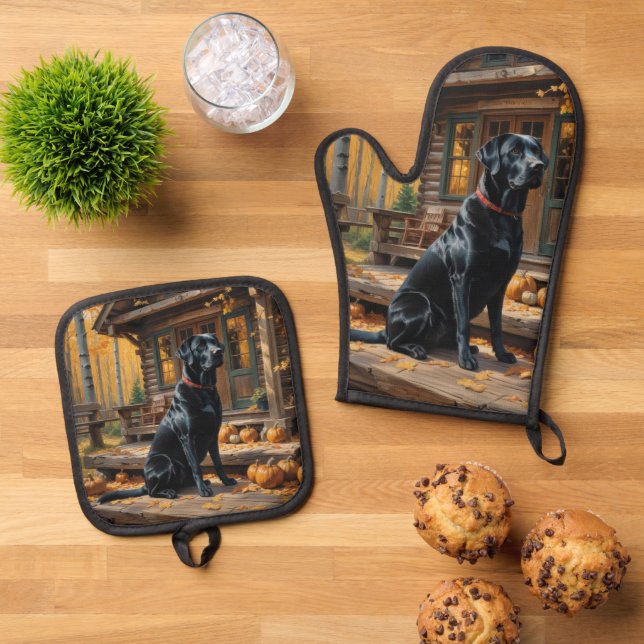 Schwarzes Labrador Retriever Log Kabine Herbst Ofenhandschuh & Topflappen-Set (Oben Unten)