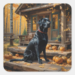 Schwarzes Labrador Retriever Log Kabine Herbst Quadratischer Aufkleber