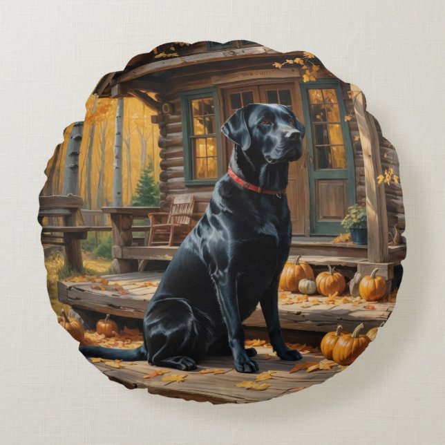 Schwarzes Labrador Retriever Log Kabine Herbst Rundes Kissen (Vorderseite)