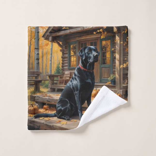 Schwarzes Labrador Retriever Log Kabine Herbst Waschlappen (Waschlappen)