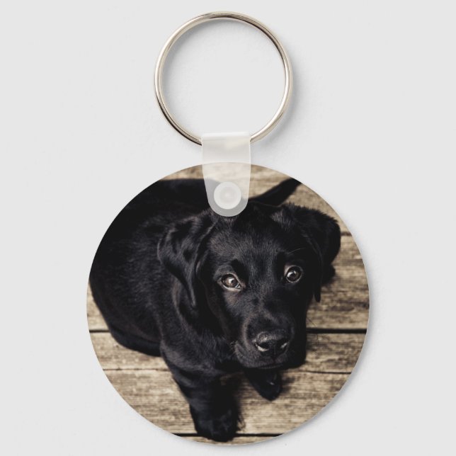 Schwarzes Labrador Retriever Welpe auf Holz Schlüsselanhänger (Vorderseite)
