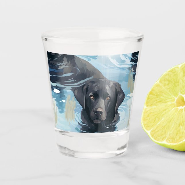 Schwarzes Labrador-Schwimmmuster Schnapsglas (Vorderseite)