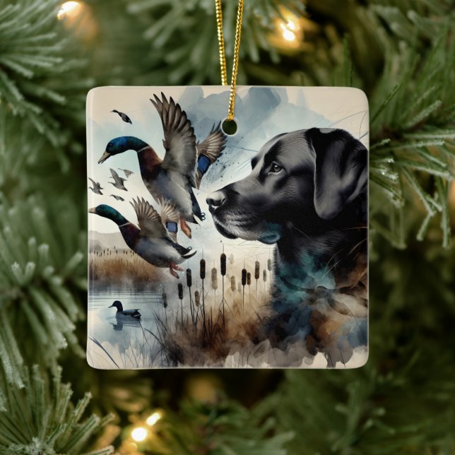Schwarzes Labrador und Enten Keramikornament (Baum)