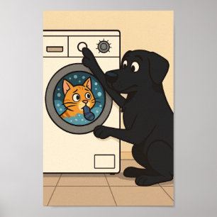 Schwarzes Labrador- und Katzenwäschezimmer Humorpo Poster