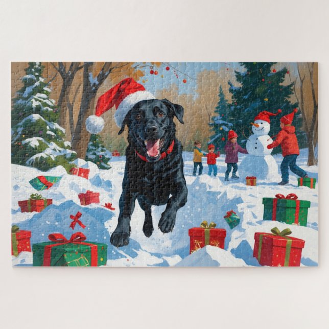 Schwarzes Labrador Weihnachtsfest Schneeszene (Horizontal)