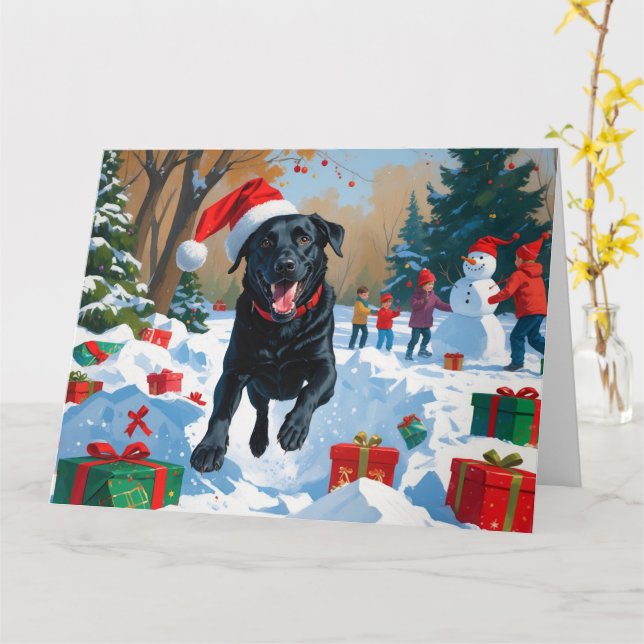 Schwarzes Labrador Weihnachtsfest Schneeszene Karte (Gelbe Blume)