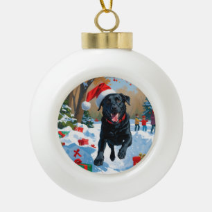 Schwarzes Labrador-Weihnachtsfest-Schneeszene  Keramik Kugel-Ornament