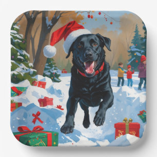 Schwarzes Labrador-Weihnachtsfest-Schneeszene Pappteller