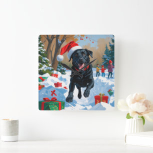 Schwarzes Labrador-Weihnachtsfest-Schneeszene  Quadratische Wanduhr