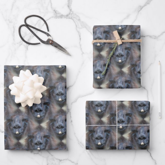 Schwarzes Lama-Gesicht Naturmuster Geschenkpapier Set (Vorderseite)