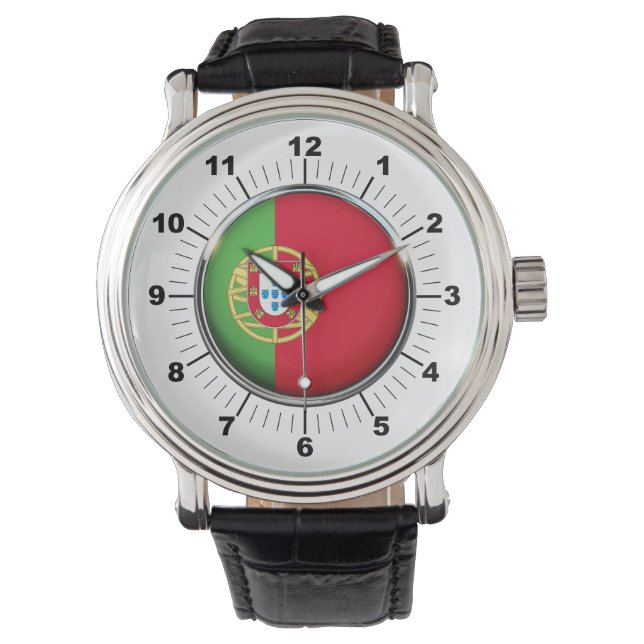 Schwarzes Leder auf der portugiesischen Flagge Armbanduhr (Vorderseite)