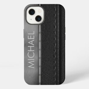Schwarzes Leder-Look Metal-Band Monogramm iPhone Hülle