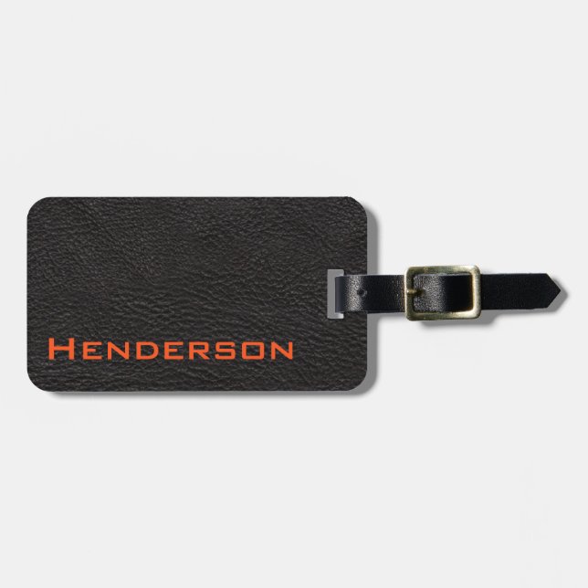 Schwarzes Leder mit orange Text Gepäckanhänger (Vorderseite horizontal)