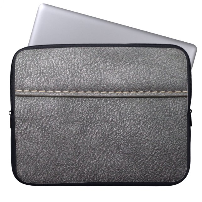 Schwarzes Leder mit weißer Heftung Laptopschutzhülle (Vorderseite)